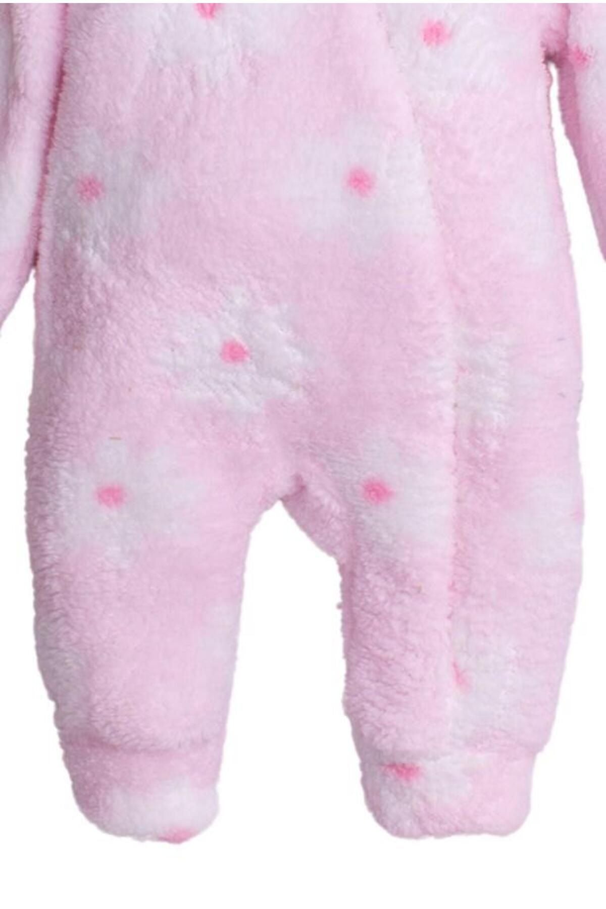 Kışlık Tatlı Peluş Kapüşonlu Çiçek Desenli Bebek Çocuk Welsoft Tulum